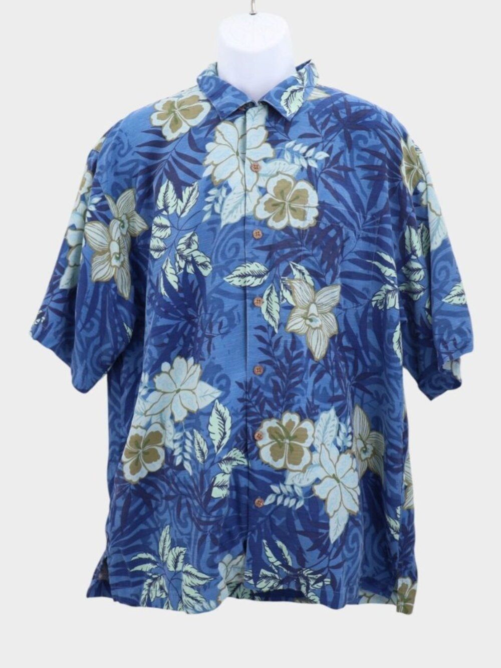 Tommy Bahama Men's XL 100% Silk Short Sleeve Blue Floral Hawaiian Shirt